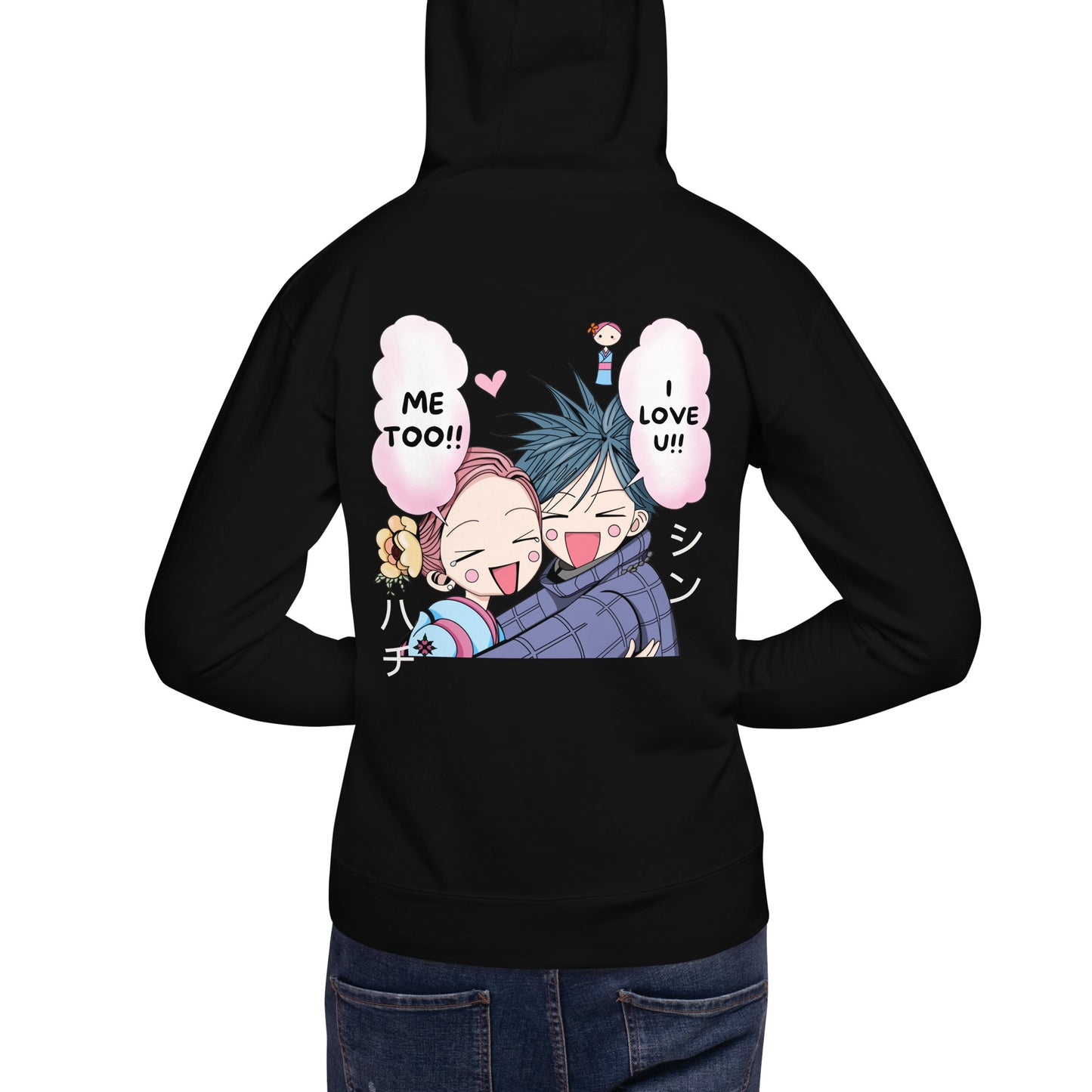 Hoodie negra unisex de Nana y Shin con ilustración trasera estilo anime, sudadera anime coleccionable ByHachiko.