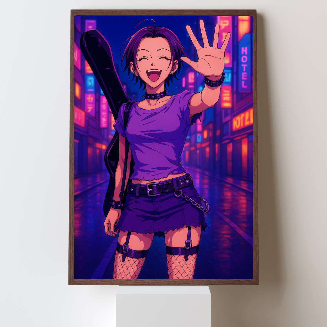 Arte Digital Neon Anime – Chica Rocker en Tokio | Descarga Instantánea