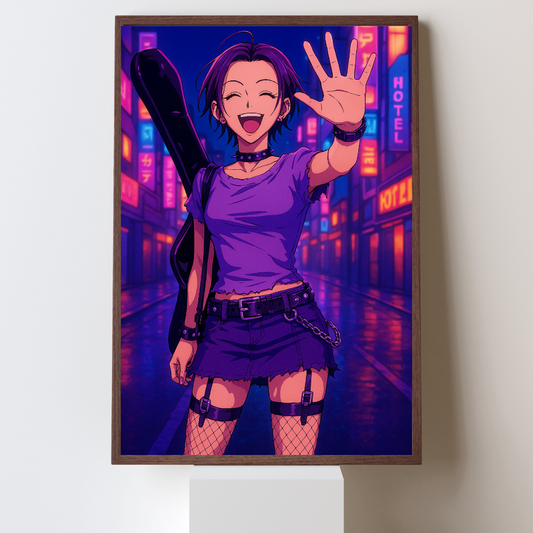 Arte Digital Neon Anime – Chica Rocker en Tokio | Descarga Instantánea