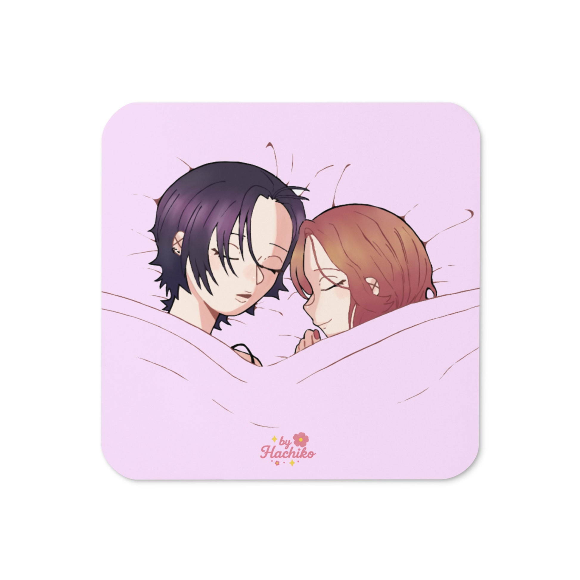 Posavasos rosa con ilustración de las Nanas durmiendo, estilo kawaii ByHachiko