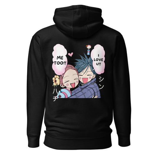 Detalle de la ilustración anime de Nana y Shin en sudadera negra, impresión de alta calidad ByHachiko.