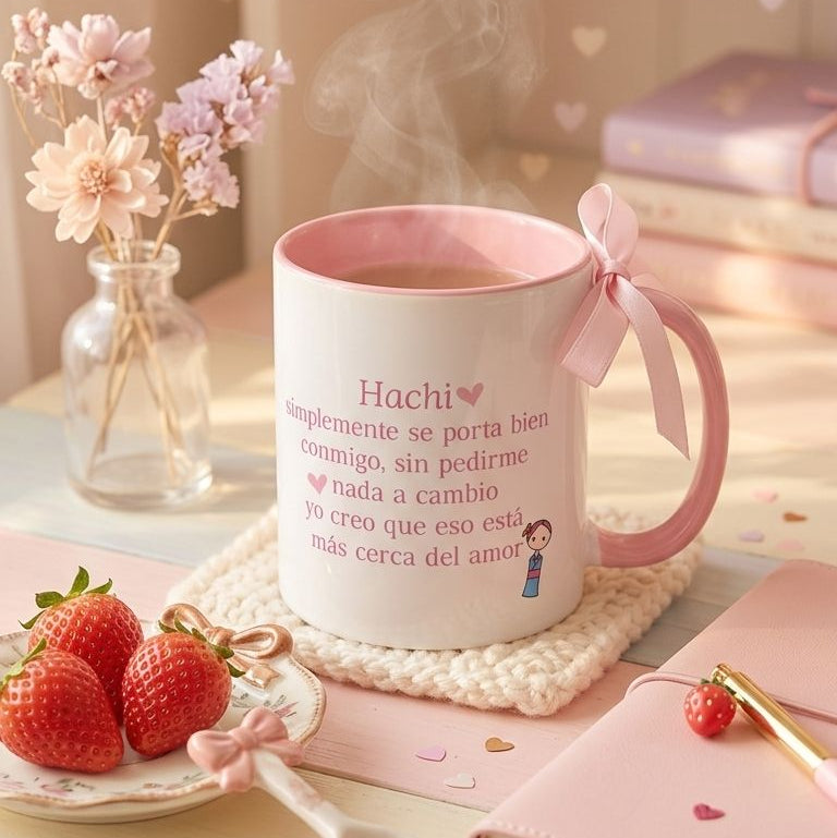 Diseño de taza NANA con Shin y Hachi y frase en español, estilo kawaii rosa para fans del anime