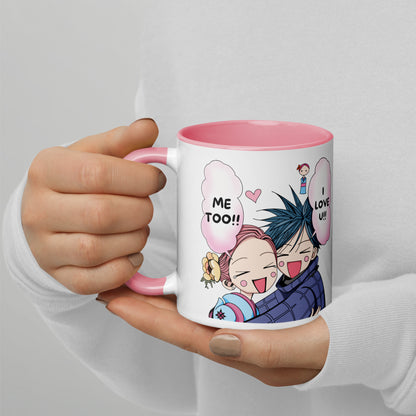 Design for NANA mug with Shin and Hachi and English quote, pink kawaii anime style