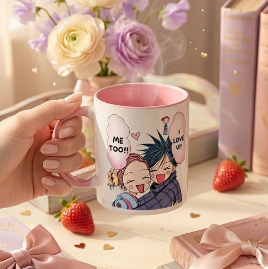 Taza NANA de 11 oz con Shin y Hachi, diseño rosa kawaii y frase en inglés inspirada en el anime