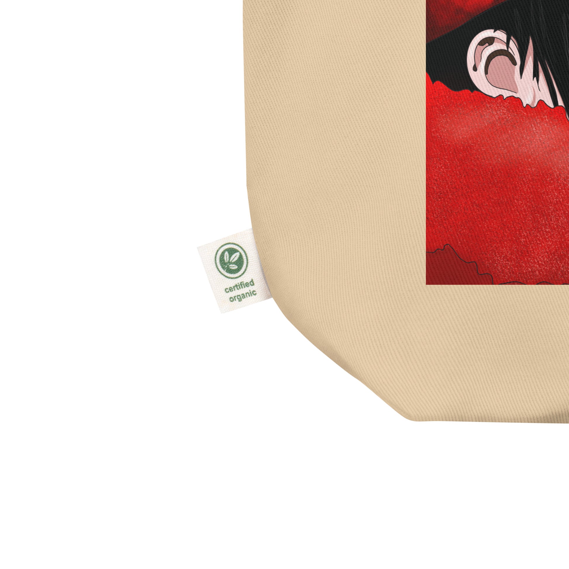 Detalle de la etiqueta de algodón orgánico en tote bag de anime NANA diseñada por ByHachiko